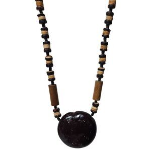 Boho Wooden Beaded Necklace Large Round Dark Brown Pendant Fashion Jewelry Women
